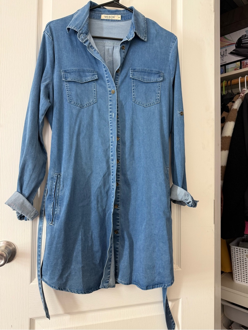 MEBON Chambray Denim Shirt Dress with Tie Waist
